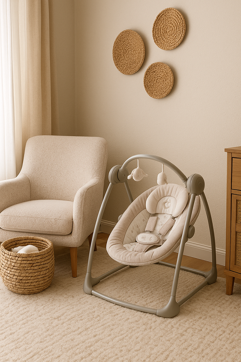 Compact nursery setup featuring a lightweight baby swing beside a soft reading chair and woven storage basket