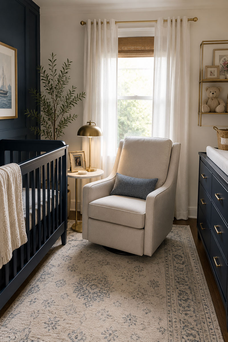 Compact nursery chair beside a crib in a small nursery
