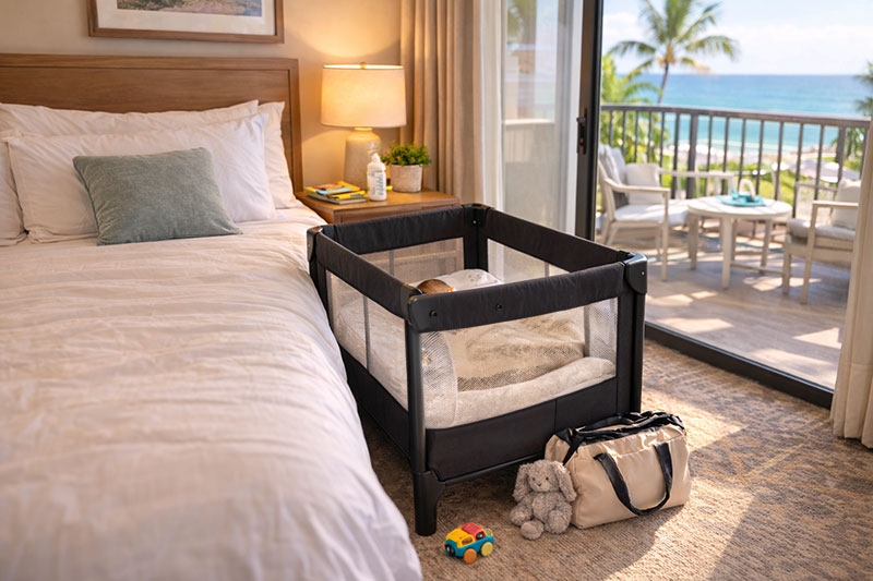 travel crib beside a hotel bed showing a compact sleep setup