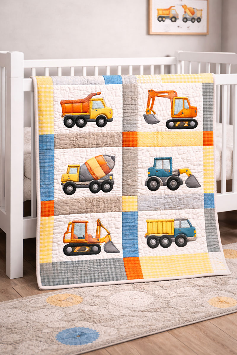 construction truck quilt blocks layout showing dump truck excavator bulldozer and cement mixer appliqué blocks
