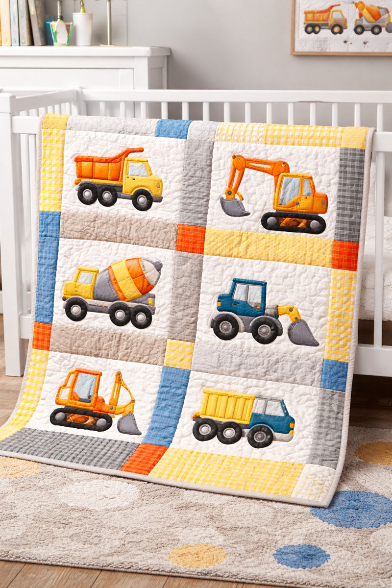 Construction truck crib quilt with appliqué dump truck, excavator, and bulldozer blocks