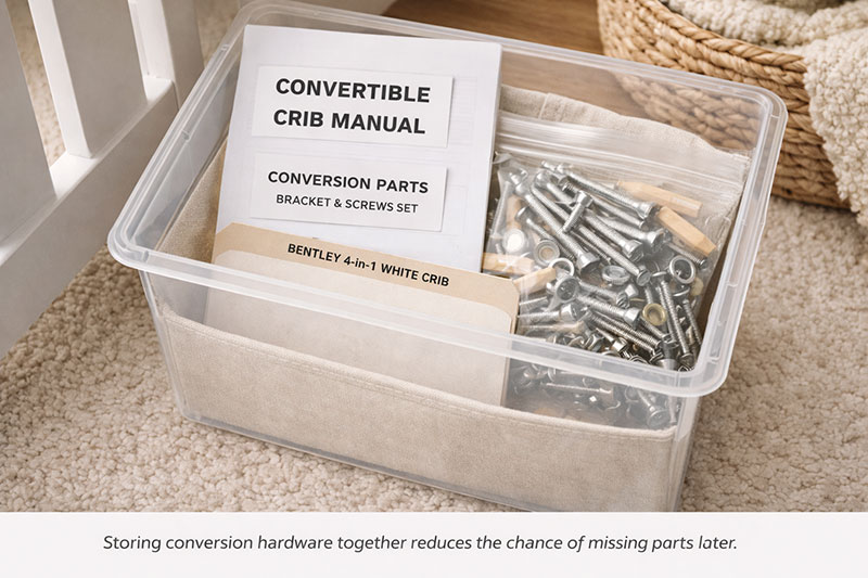 Labeled storage bin holding a crib manual and small hardware packets