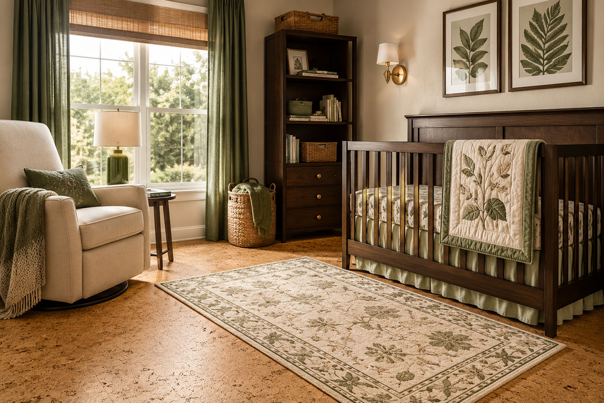 Realistic baby nursery with warm cork flooring, a modern crib and clearly visible cushioned floor surface