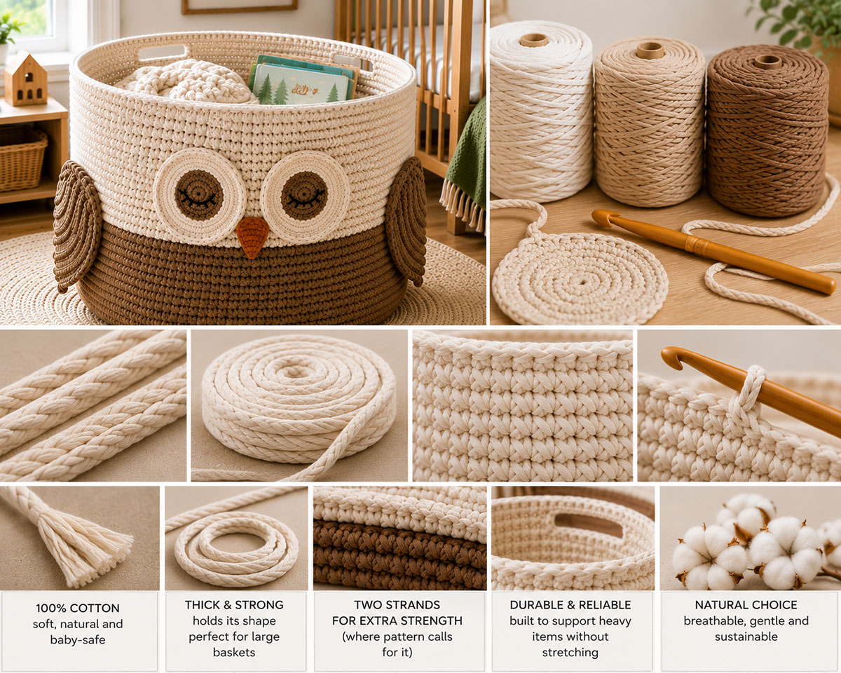 Firm braided cotton cord and cotton rope yarn prepared for crocheting a large nursery storage basket