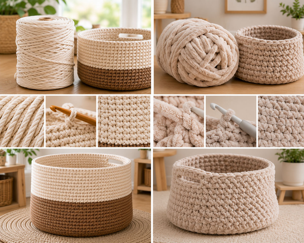 Comparison of braided cotton cord and soft blanket yarn for crocheting storage baskets