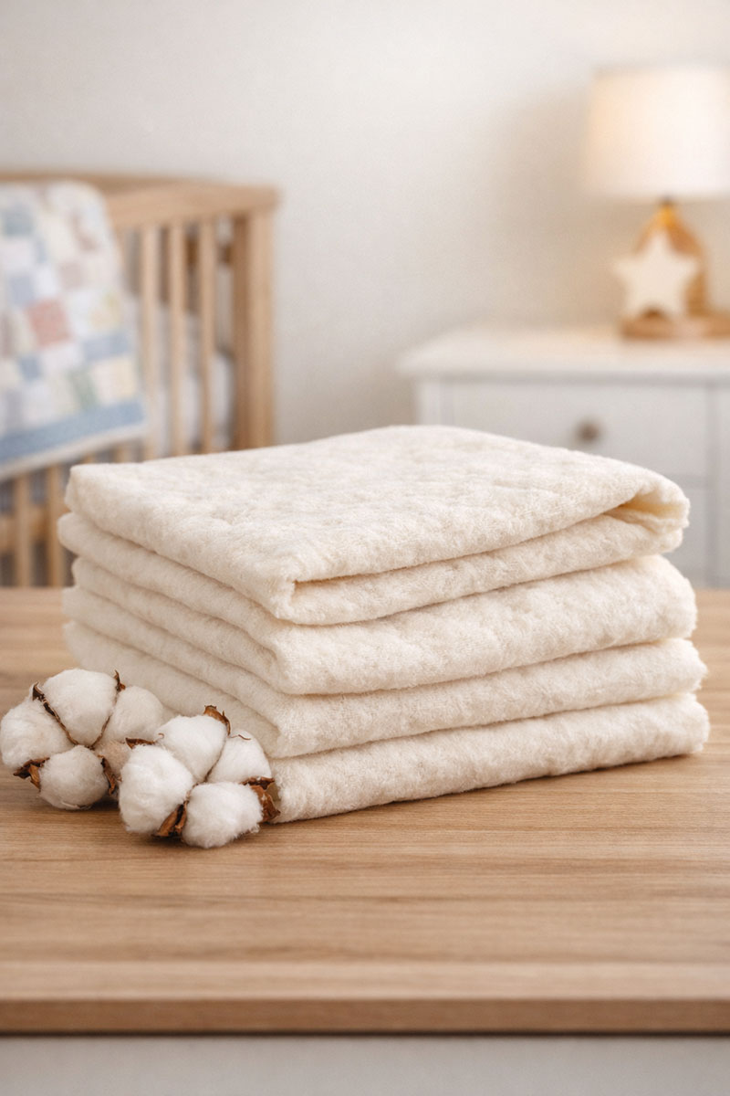 Layered cotton quilt batting folded for crib quilt construction