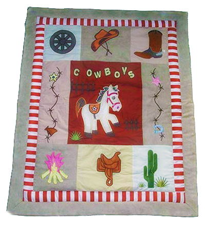Western cowboy horse patchwork baby crib quilt with appliqués boots cactus saddle campfire ranch
