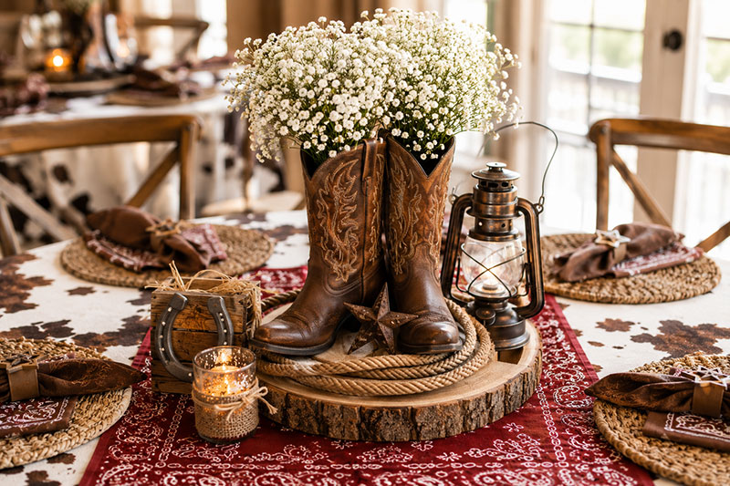 Cowboy baby shower centerpiece with western boots rope accents and table decorations