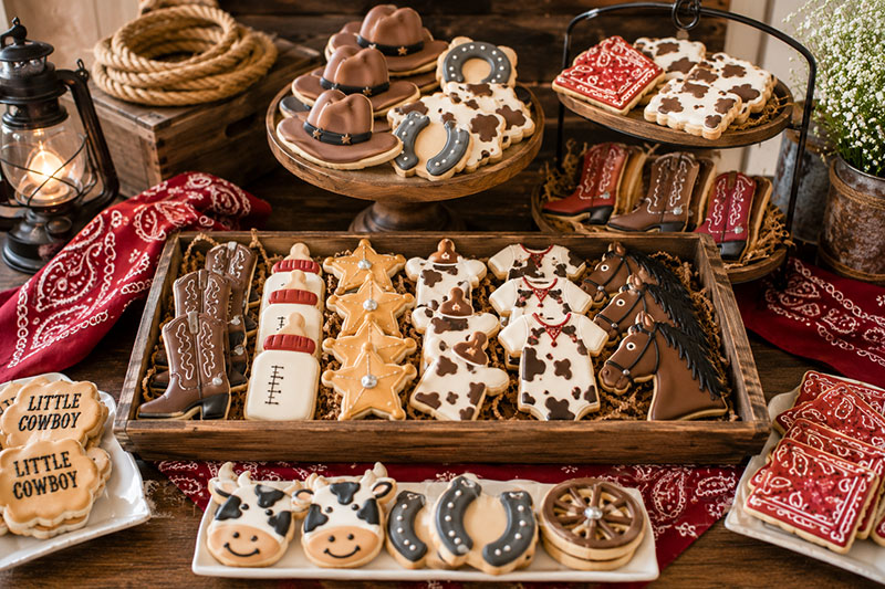 Cowboy baby shower cookies shaped like western boots hats horseshoes and baby themed treats