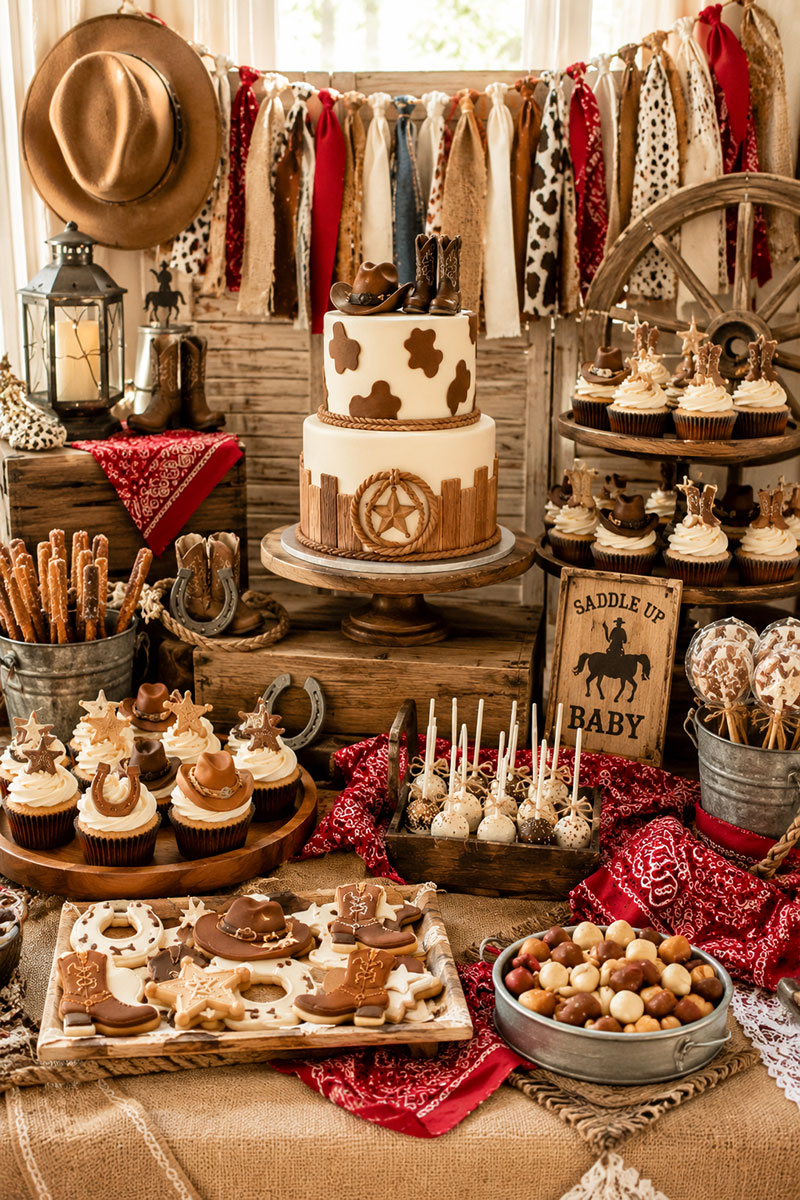 Western cowboy baby shower dessert table with boots rope accents and western party decorations