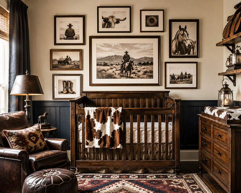 Cowboy nursery art gallery wall featuring western prints and ranch inspired artwork