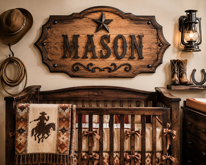 Cowboy nursery name sign above a dresser in a western baby room