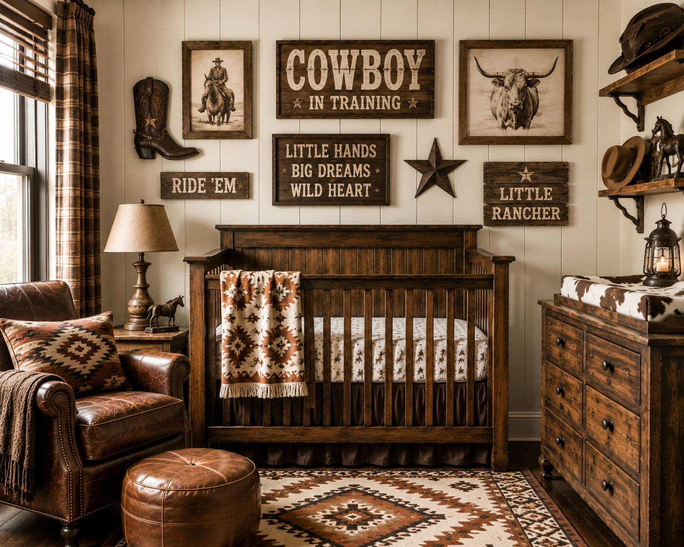 Cowboy nursery sign displayed on a western themed nursery wall