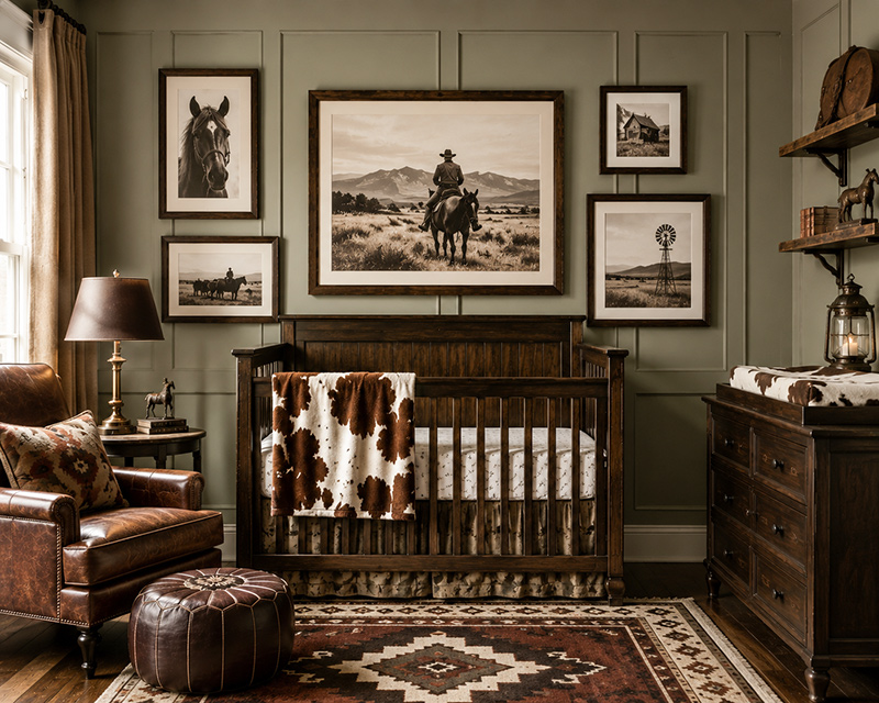 Cowboy nursery wall decor ideas with vintage western art and rustic nursery accents