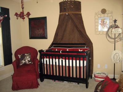 Red and chocolate brown western cowboy baby nursery theme with stars and stripes crib bedding set and canopy