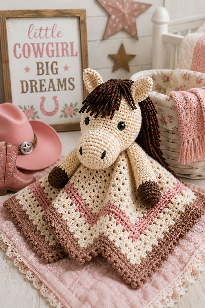 Horse crochet lovey styled in cowgirl nursery décor