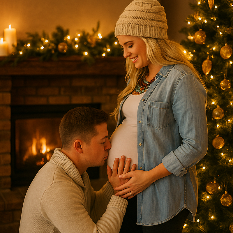 Expecting couple sitting together beside a softly lit Christmas tree in a cozy indoor holiday maternity photo shoot.