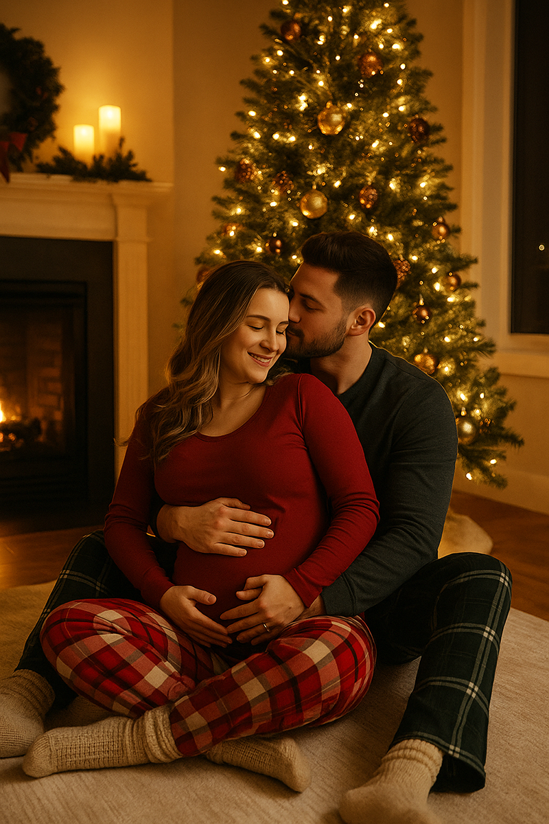 Expecting couple in cozy pajamas cuddling by the Christmas tree during a holiday maternity shoot.