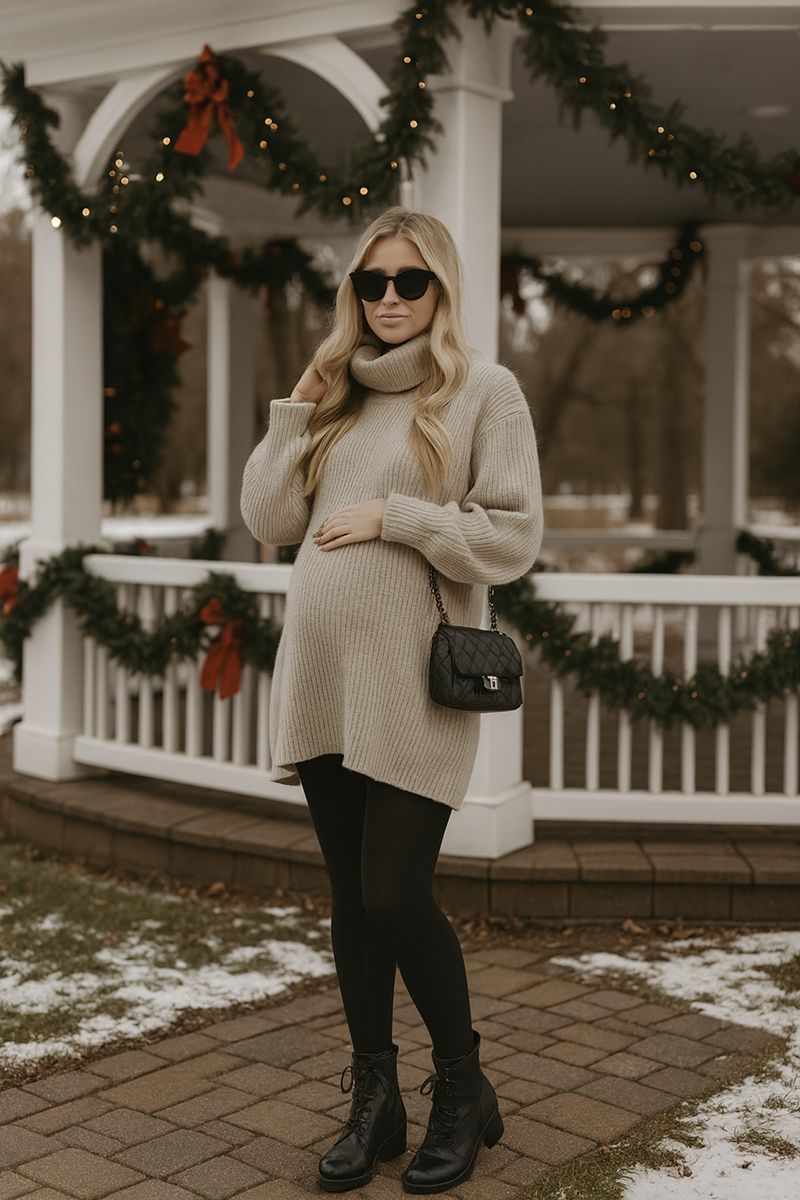 oversized camel sweater winter maternity outfit idea