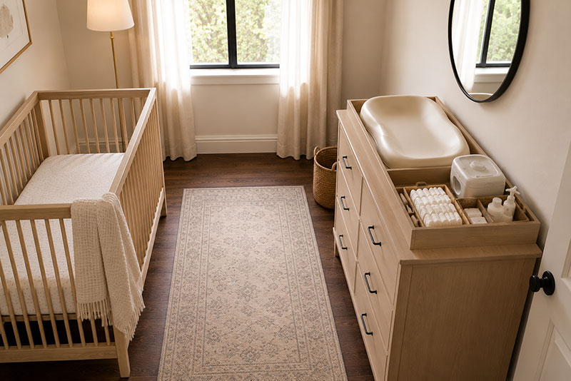 Crib and dresser changing station layout in practical nursery