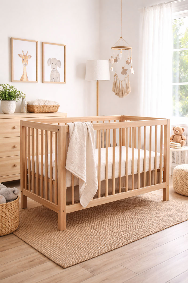 Baby crib and crib mattress in a simple functional nursery