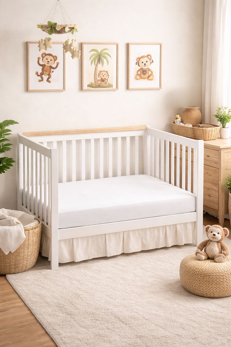 Baby crib with a fitted sheet and empty sleep surface