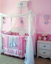 Custom baby girl Disney princess crib canopy and netting on a four post baby bed