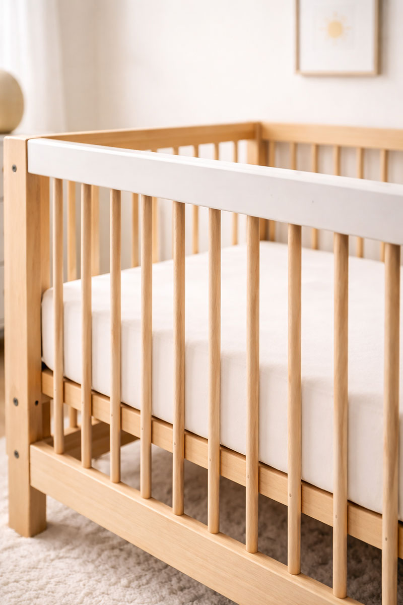 close up of smooth crib rail finish and hardware area showing clean construction and simple materials in a bright room