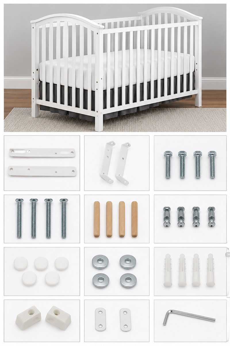 Labeled crib hardware identification chart showing bolts, screws, barrel nuts, cam locks, washers, spacers, pins, brackets, clips, and support hooks
