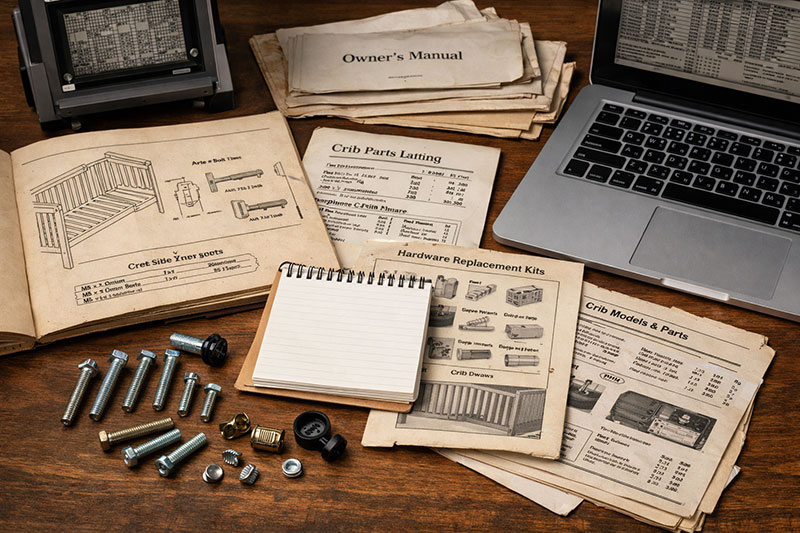 Reference materials showing crib hardware screws, bolts, and archived manufacturer manuals