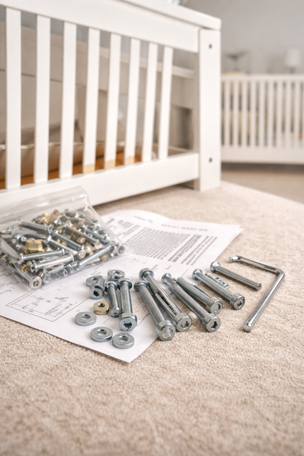Replacement crib bolts and hardware laid out next to a partially assembled crib frame