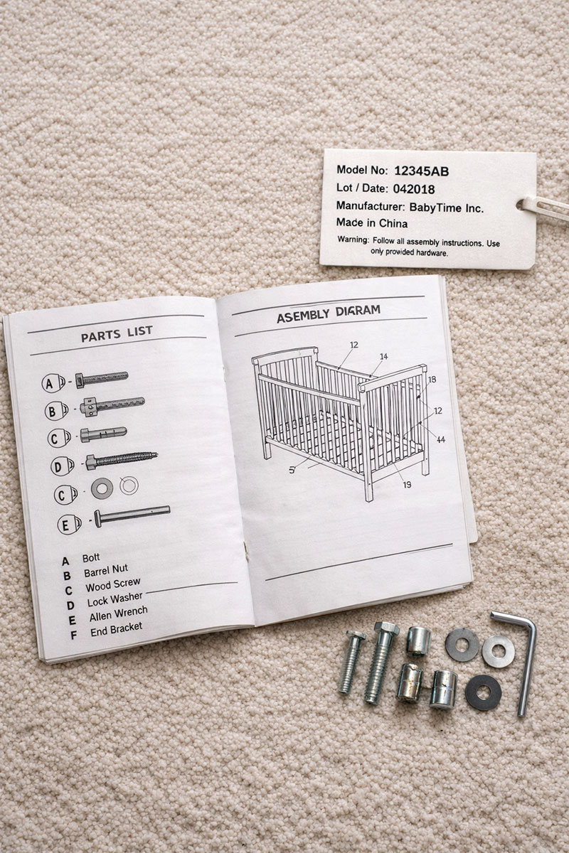 Baby crib instruction manual next to crib model label and hardware diagram for identification reference