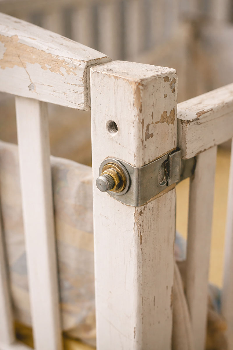 Close-up of crib hardware wear that can shorten crib lifespan