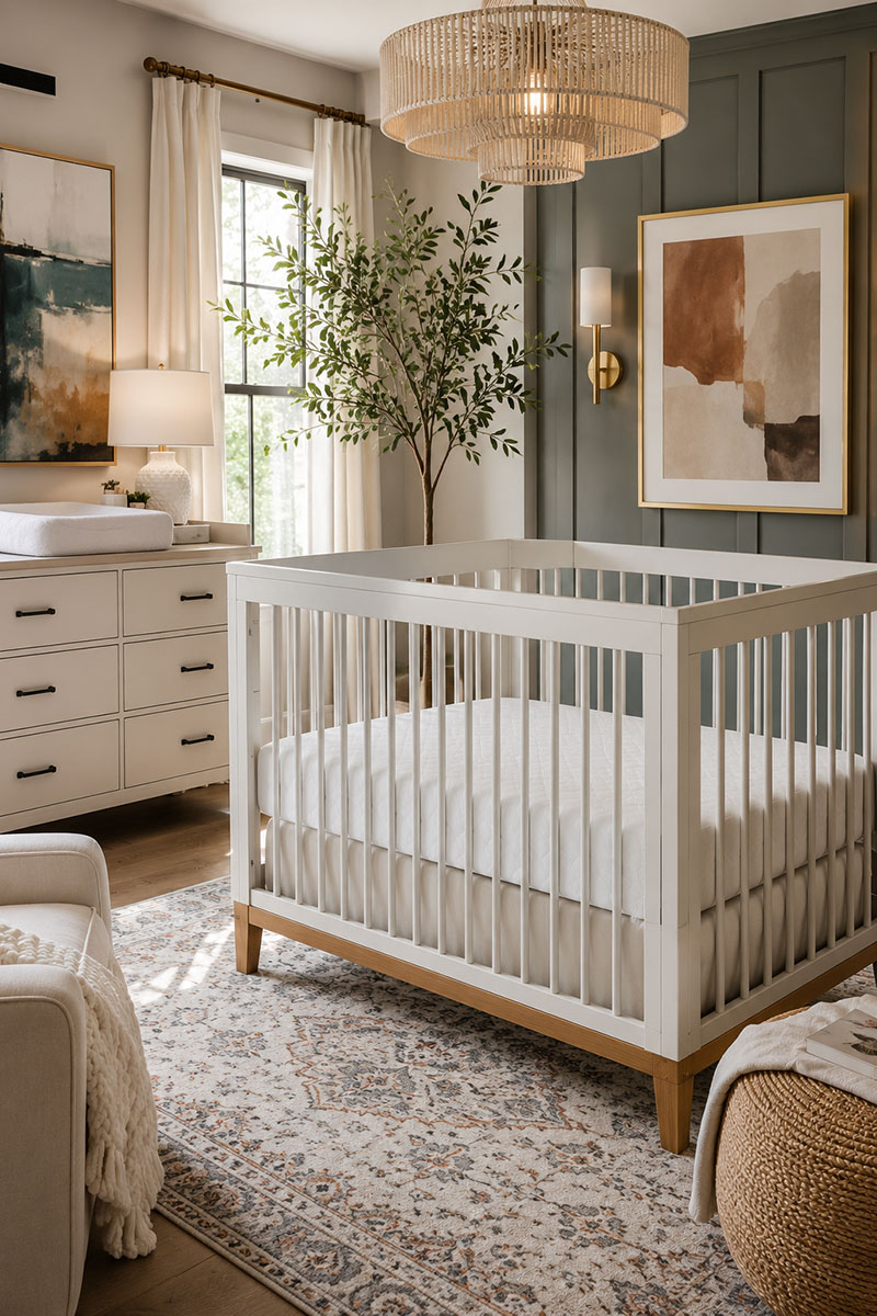Modern nursery crib with airflow-focused mattress and fitted sheet