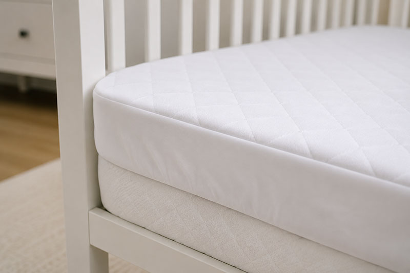 Close view of fitted crib mattress corner with tightly secured sheet