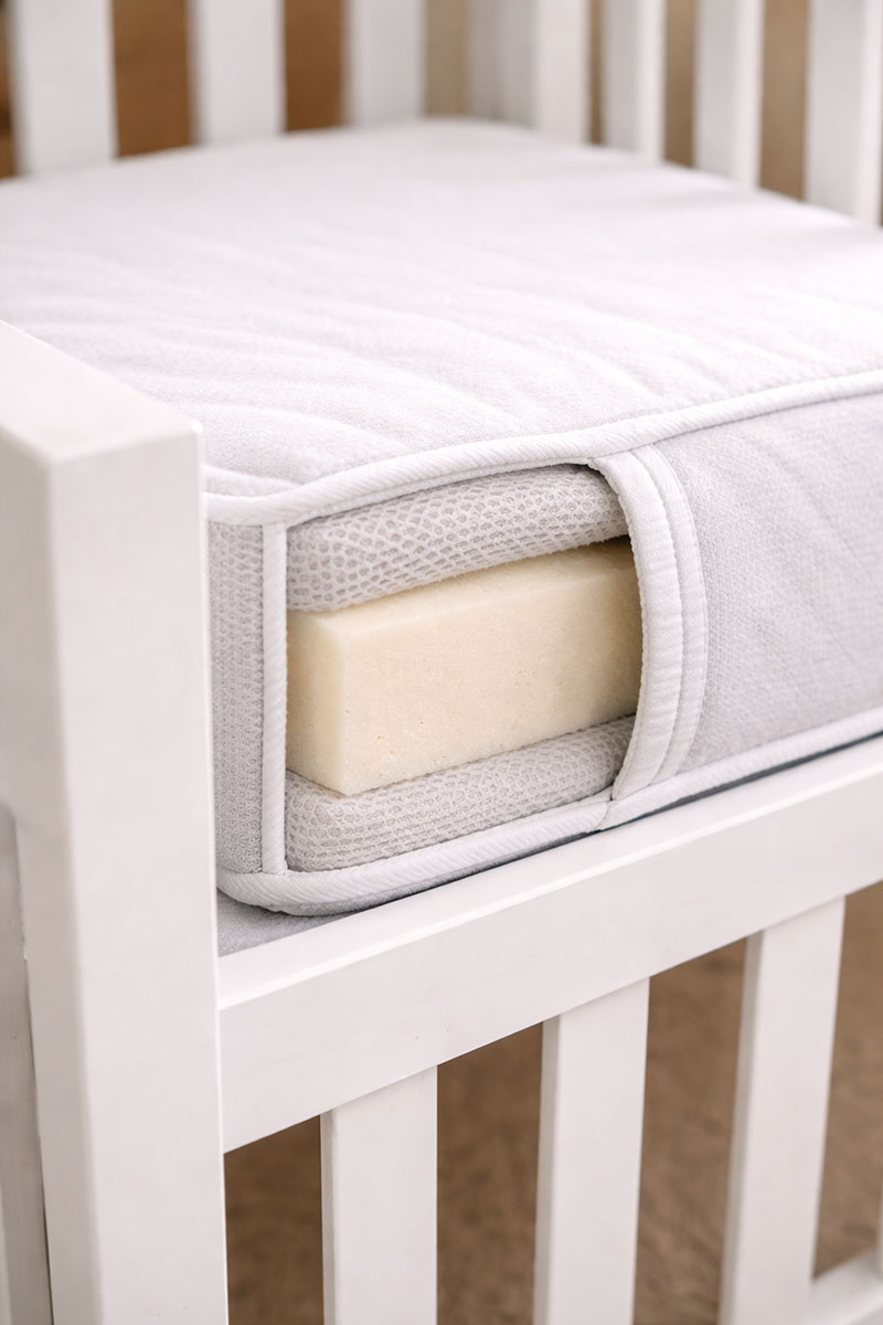 Detail of crib mattress edge support construction inside a crib frame