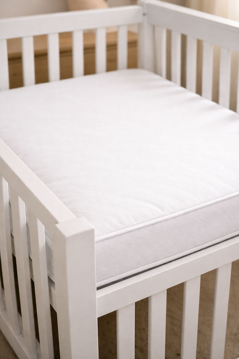 Close view of a firm crib mattress fitted snugly inside a white crib frame