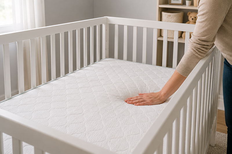 Parent checking crib mattress firmness and surface support inside a baby crib