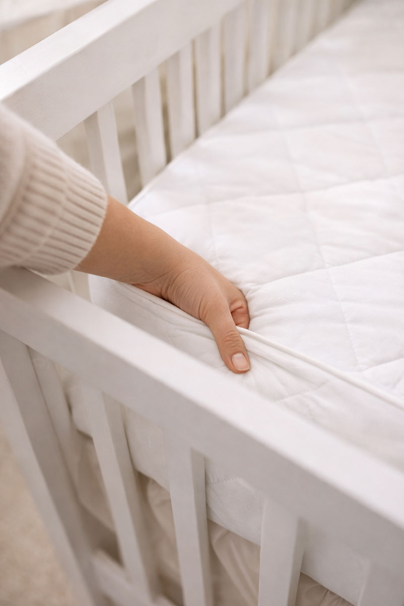 Checking crib mattress fit snugly inside crib frame