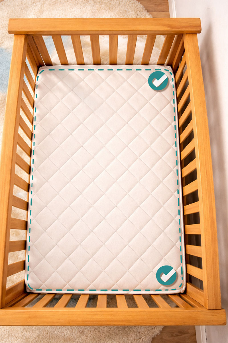 Top view of a crib mattress fitting snugly inside the crib with straight edges
