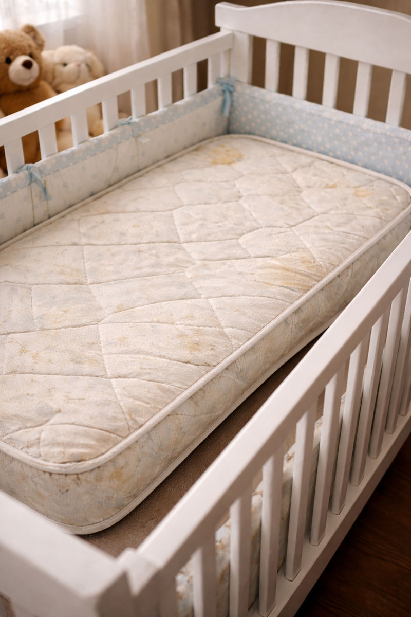 Crib mattress with visible gap between mattress and crib frame