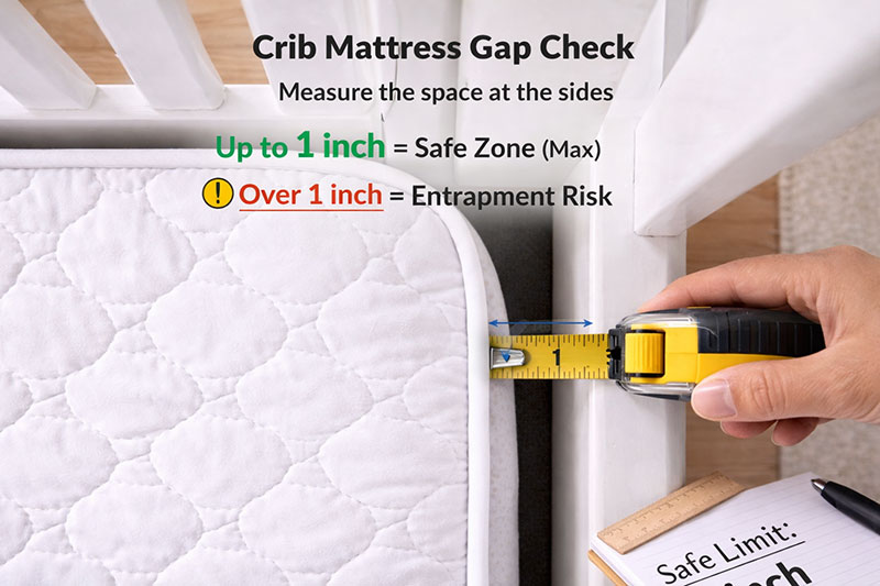 Crib mattress sitting flush to the crib sides with no visible gaps near the corners