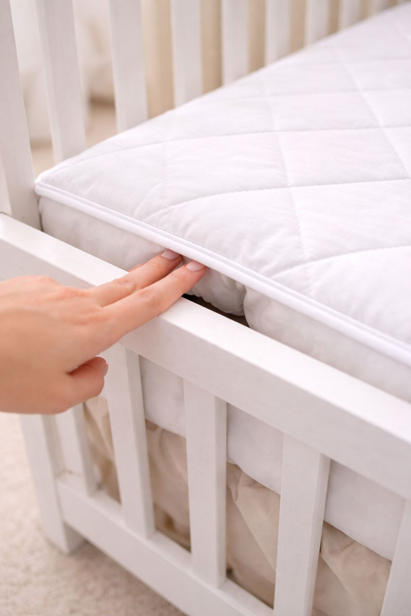 Crib mattress with visible gap showing improper fit