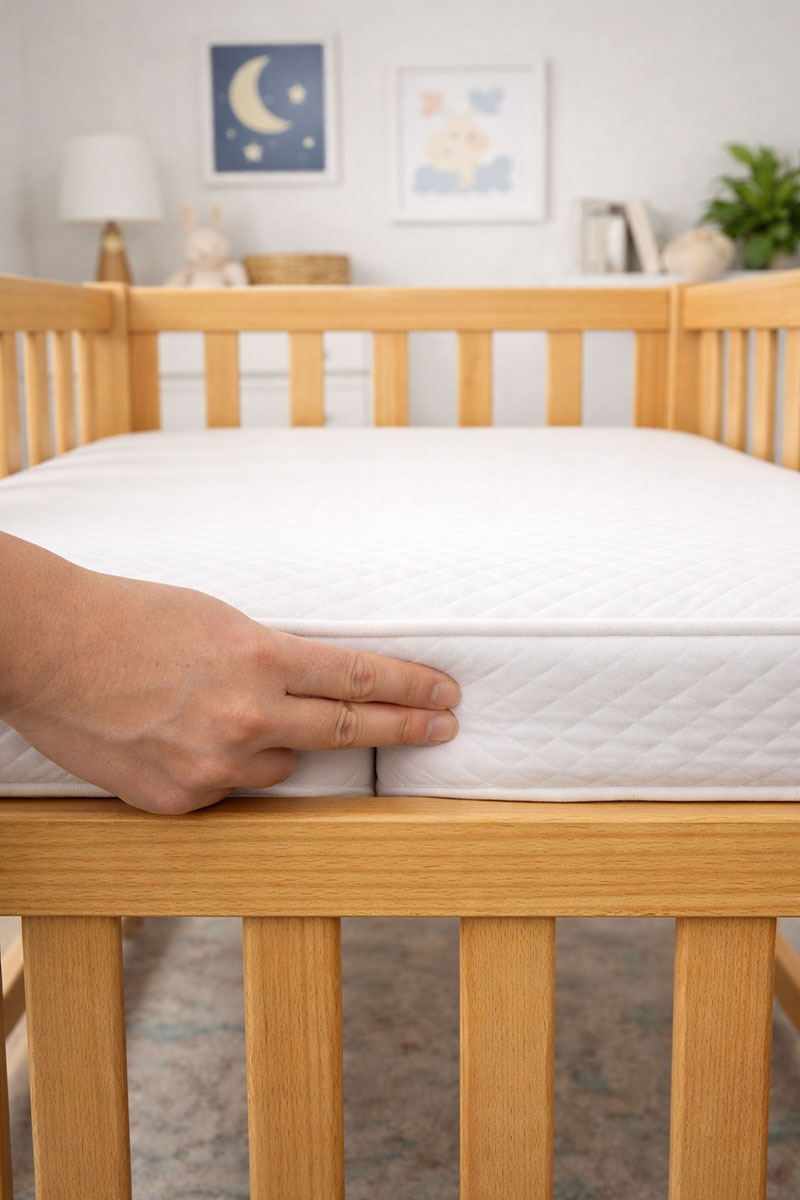 Two finger mattress gap test showing tight crib mattress fit along the crib frame