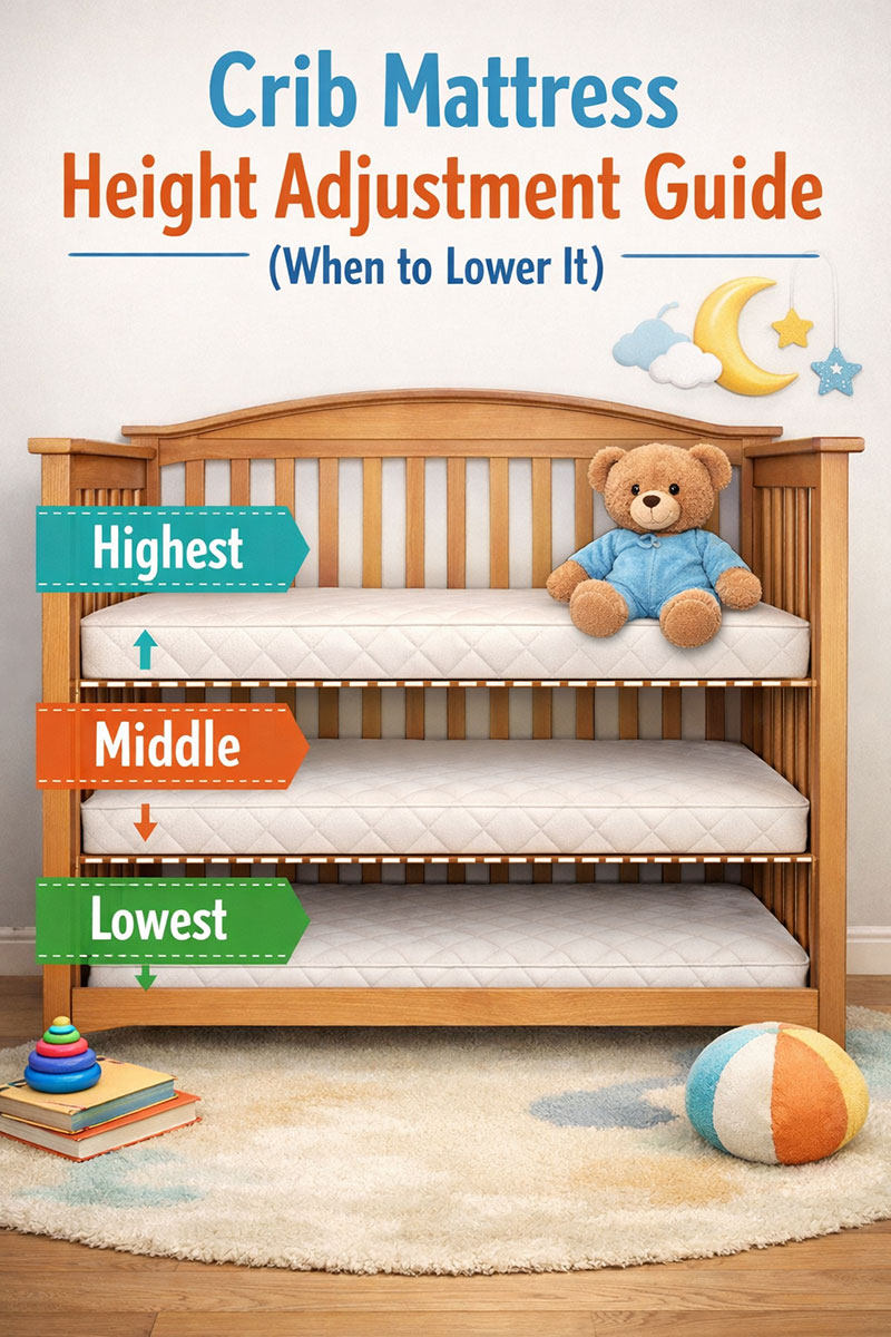 Crib mattress height adjustment guide showing different mattress support levels inside a standard baby crib