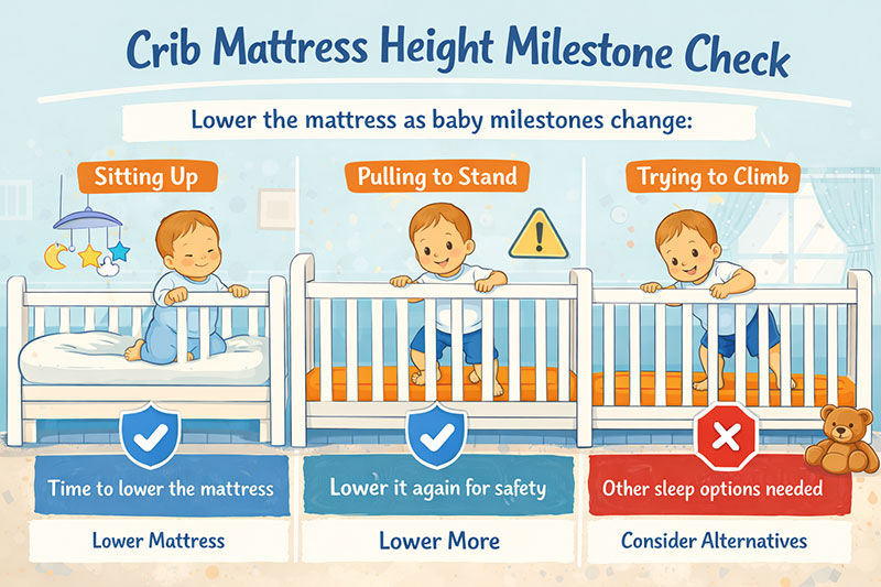 Baby sitting up in crib showing the milestone that often signals when to lower a crib mattress