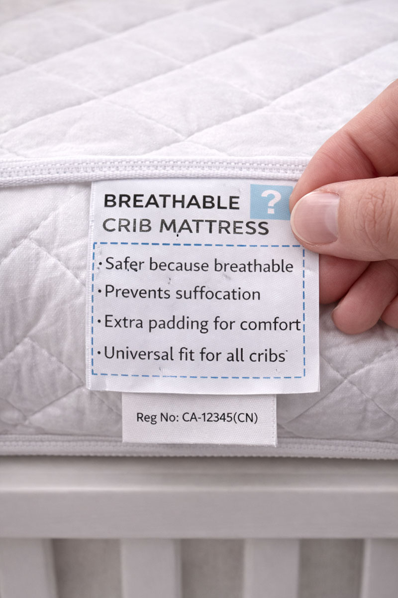 Close-up of a crib mattress label and tag to represent reading claims carefully before buying