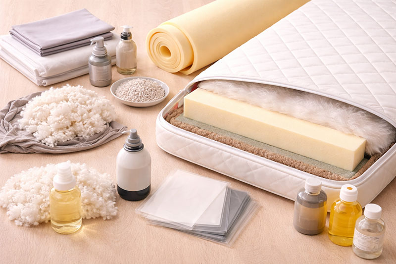 Styled close view of synthetic crib mattress materials and layered construction details for comparison
