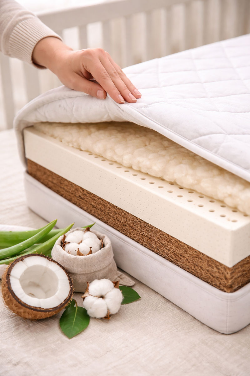 Different crib mattress types shown foam innerspring and organic