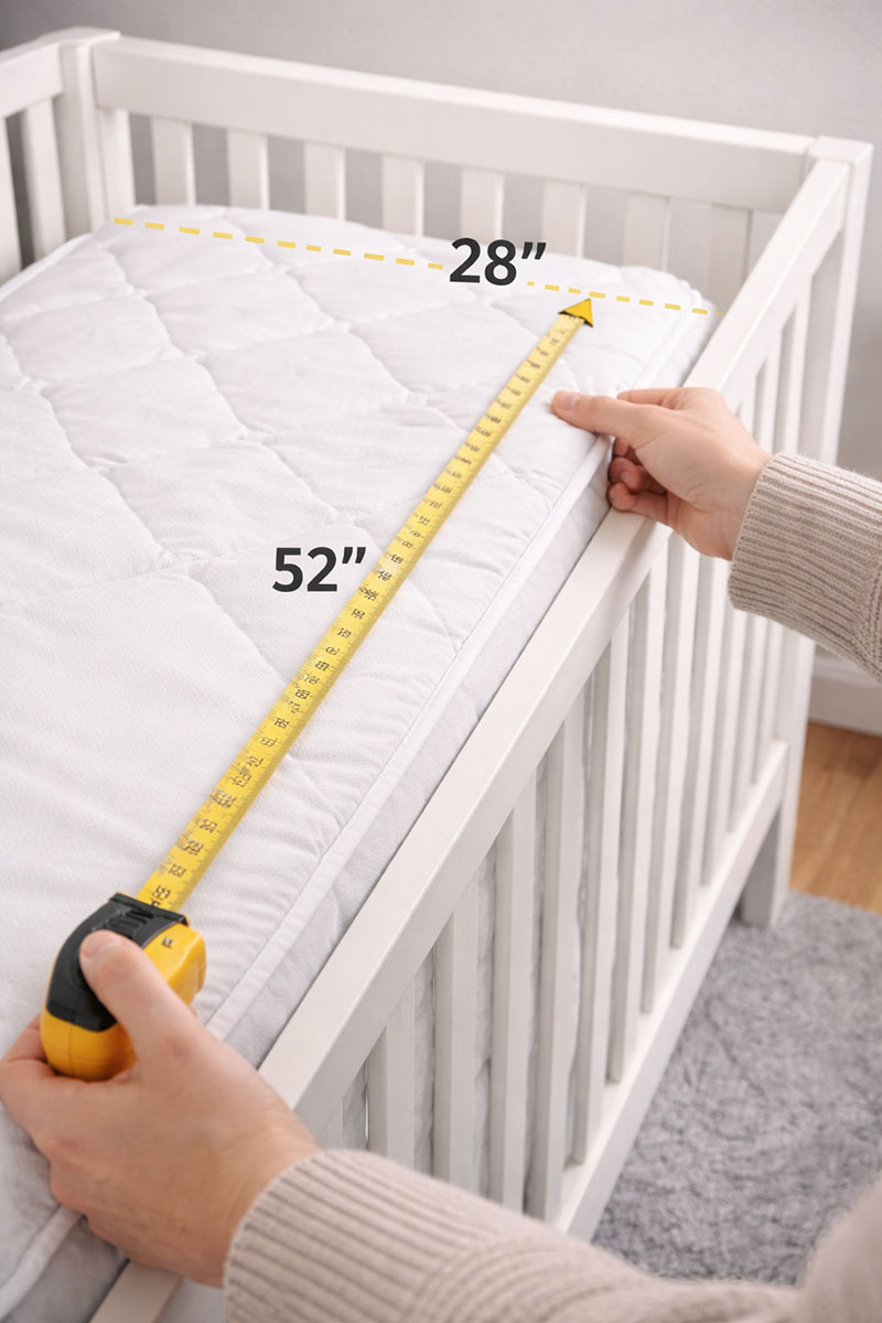 Tape measure showing crib mattress dimensions during a quick nursery setup check